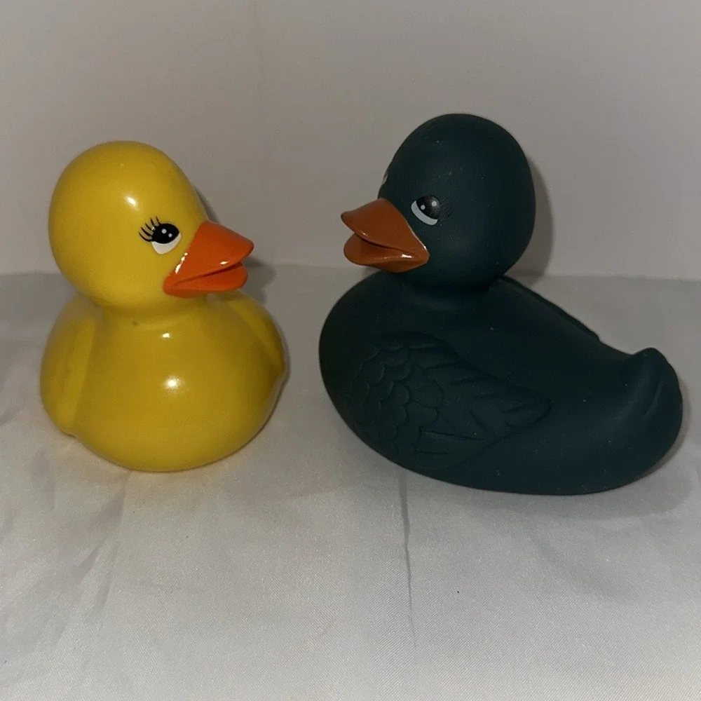 Set of 2 Rubber Ducks Yellow Glossy and Dark Matte Teal Bath Toys Collectible